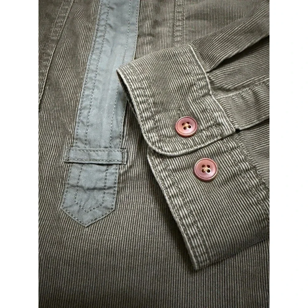 J.Crew Women’s L Olive Green Corduroy Half Zip Popover Top Button Pockets Preppy